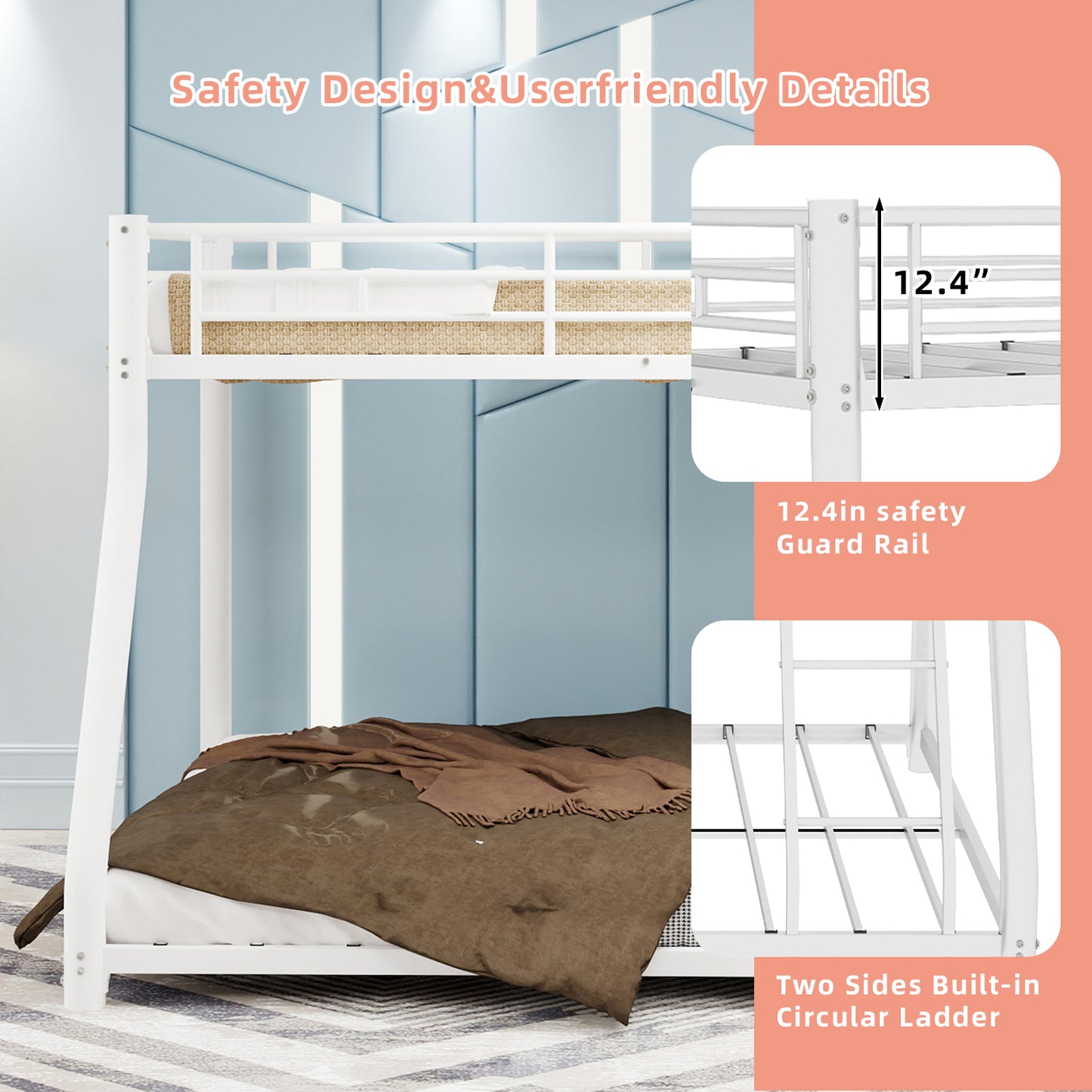 Metal Bunk Bed Twin Over Full Size with Removable Stairs, Heavy Duty Sturdy Frame with 12" Under-Bed Storage for Teen & Adults, Teens, No Box Spring Needed, White image 11