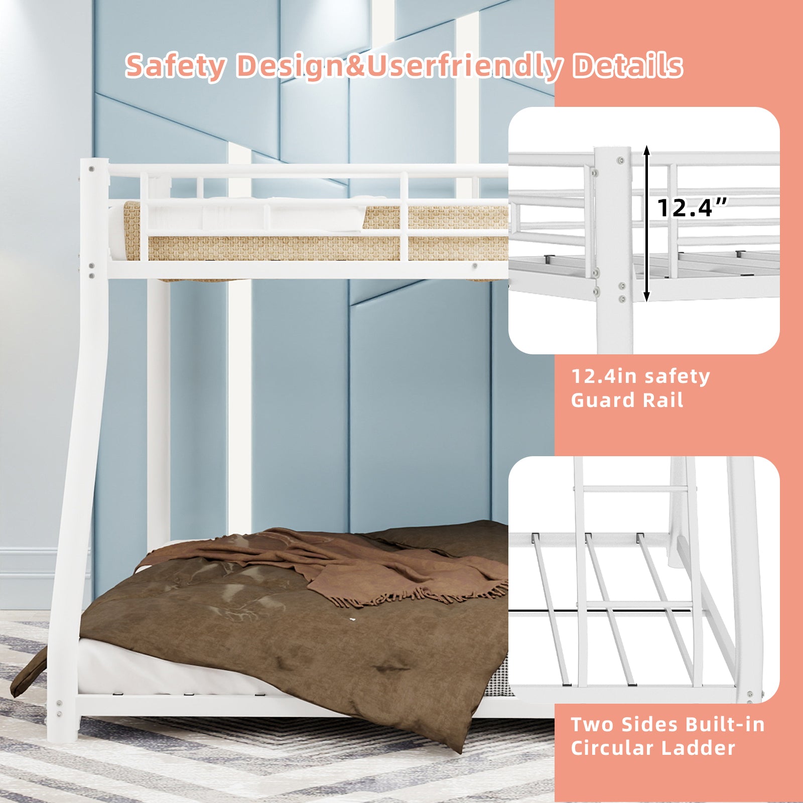 Metal Bunk Bed Twin Over Full Size with Removable Stairs, Heavy Duty Sturdy Frame with 12" Under-Bed Storage for Teen & Adults, Teens, No Box Spring Needed, White image 11