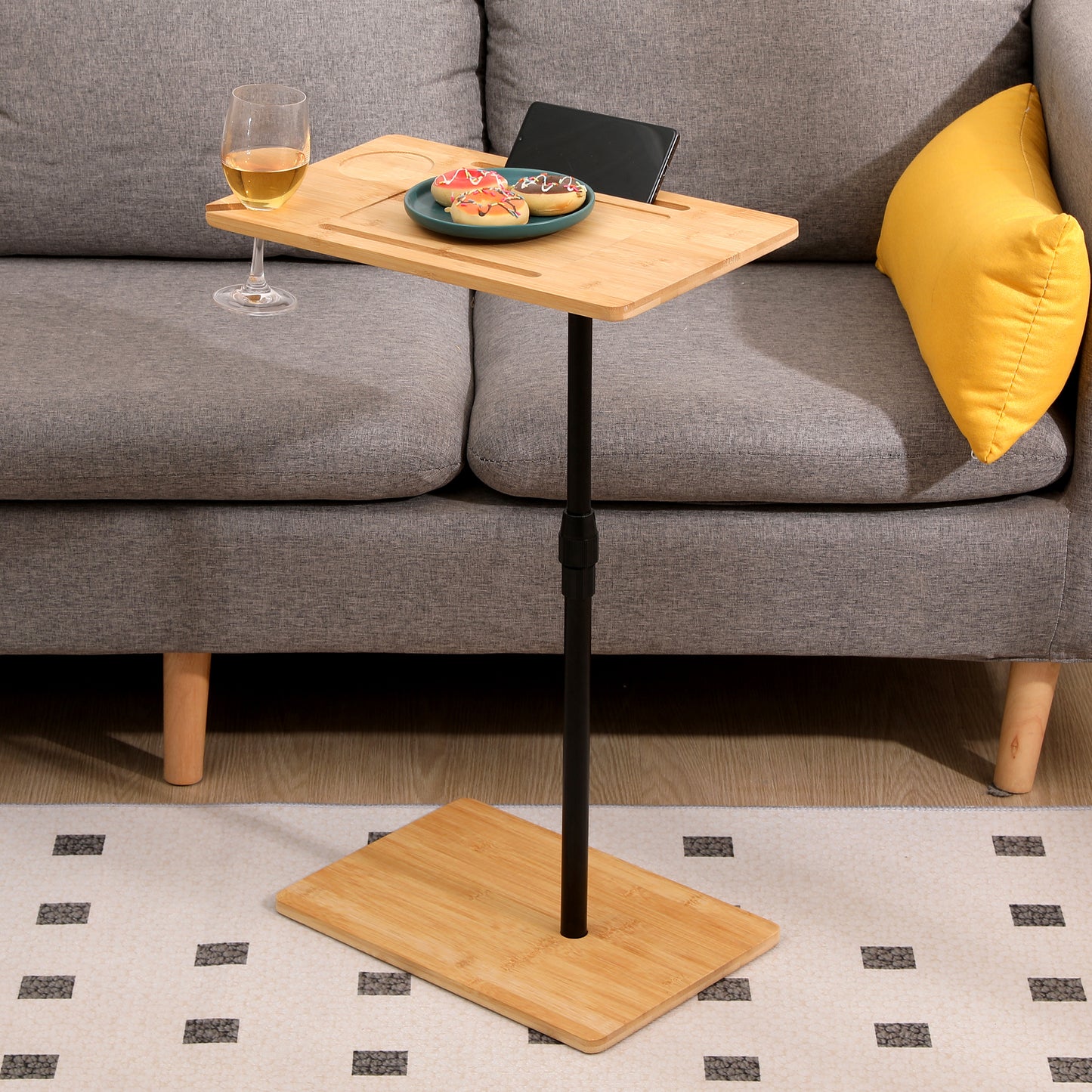 Bamboo Couch Tray Table Height Adjustable C-Shaped End Table with Slots 2 Tier Sofa Side Table for Living Room & Bedroom (Rectangle + Rectangle) image 1