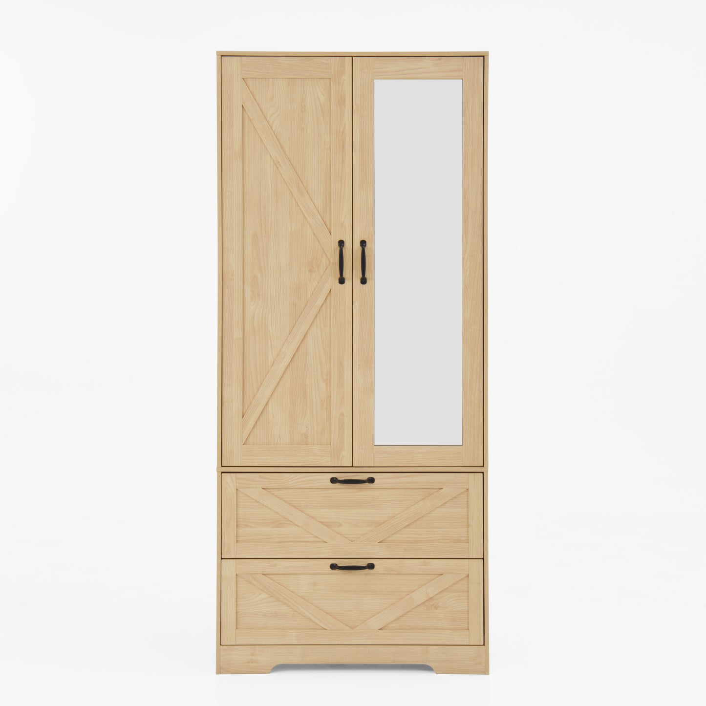 2 Door Wood Wardrobe for Bedroom with Hanging Clothing Rod inside the Cabinet and 2 Drawers for Storage Organization, Built-in induction light Multifunctional Closet with Mirror, Natural image 12
