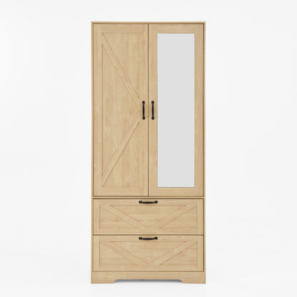 2 Door Wood Wardrobe for Bedroom with Hanging Clothing Rod inside the Cabinet and 2 Drawers for Storage Organization, Built-in induction light Multifunctional Closet with Mirror, Natural image 12
