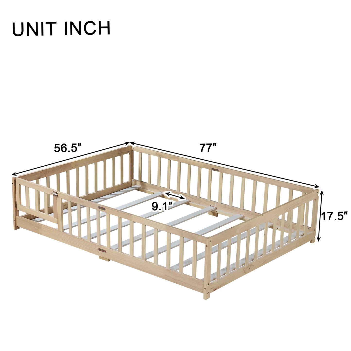 Full Size Floor Bed with Fence and Door,Rubber Wood Floor Bed with Safety Guardrails,Natural (Old Sku W504P286380) image 9