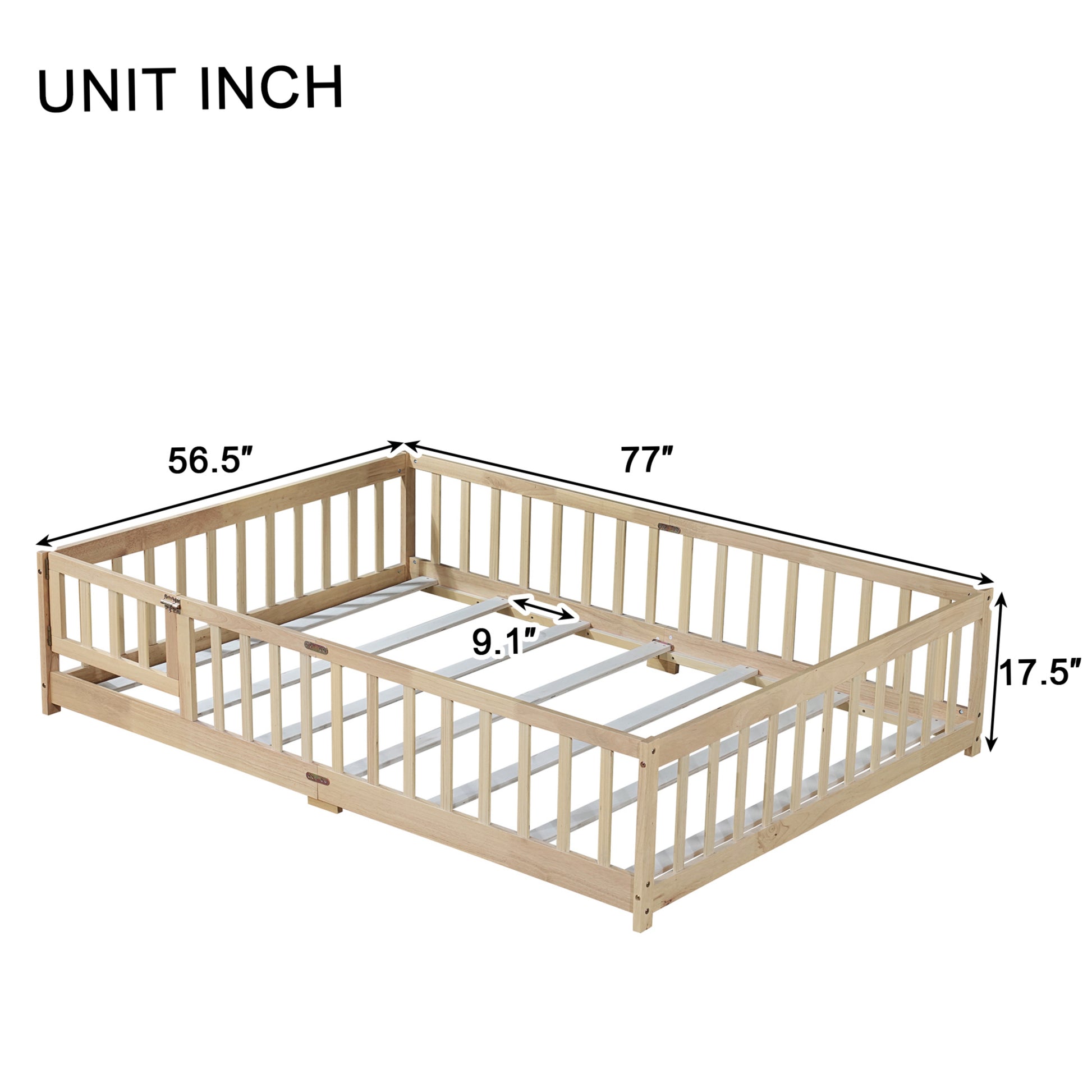Full Size Floor Bed with Fence and Door,Rubber Wood Floor Bed with Safety Guardrails,Natural (Old Sku W504P286380) image 9