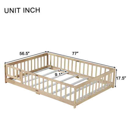 Full Size Floor Bed with Fence and Door,Rubber Wood Floor Bed with Safety Guardrails,Natural (Old Sku W504P286380) image 9