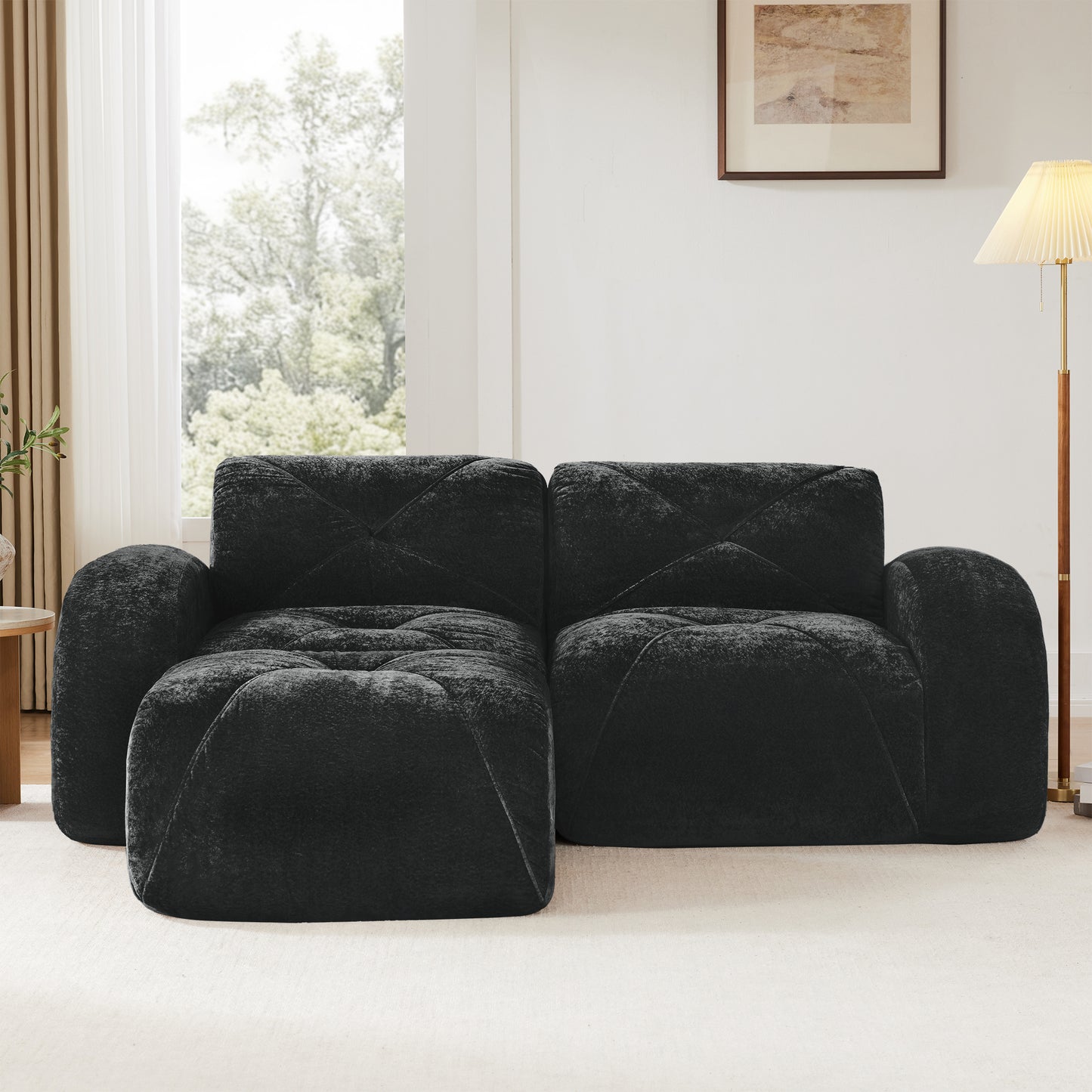 L-shaped Boneless Sofa,Soft Velvet Fabric,Tufted Design,32D High Density Sponge,No Assembly Required,Ergonomic Design Bottom, Anti-Slip Design,Movable Ottoman For Bedrooms,Black image 3