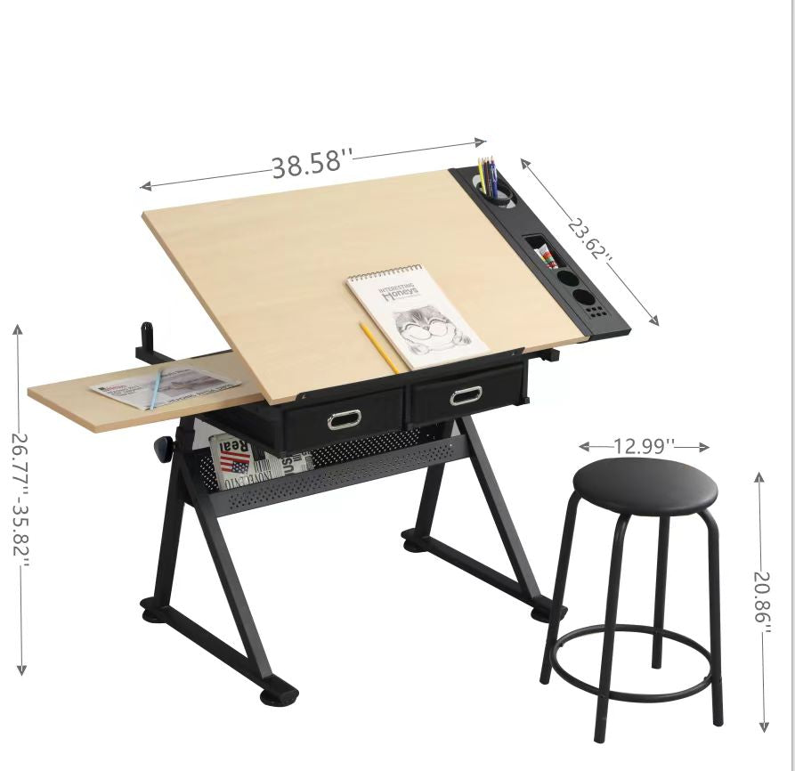 adjustable drawing drafting table desk with 2 drawers for home office and school with stool(maple) image 4