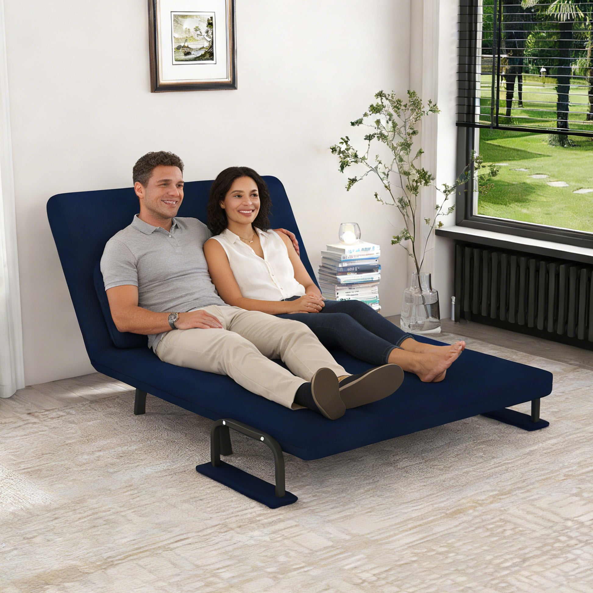 46" Wide Folding Sofa Bed 5-in-1 Convertible Chair for Two - 5-Position Adjustable Backrest with Pillow, Space-Saving Sleeper for Living Room, Bedroom & Office (71.6"W x 46"D)(Bule) image 2
