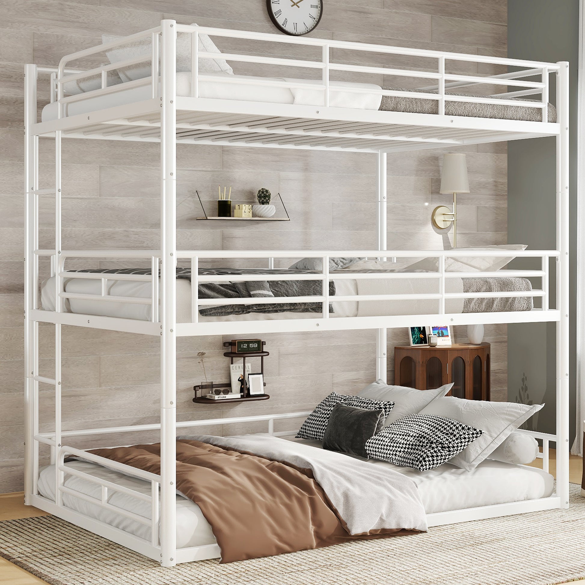 Full over Full over Full Bunk Bed, Metal Triple Bunk Bed with Safety Guardrails, Heavy-duty Bunk Bed with Noise-reduced Design, White image 1