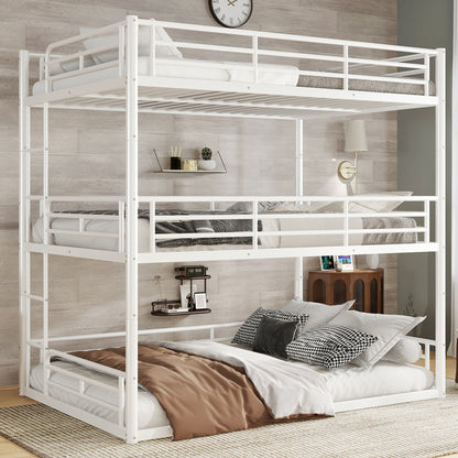 Full over Full over Full Bunk Bed, Metal Triple Bunk Bed with Safety Guardrails, Heavy-duty Bunk Bed with Noise-reduced Design, White image 1