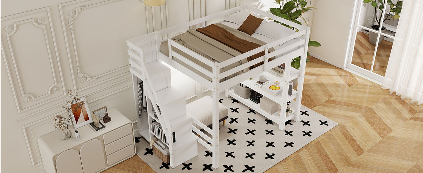 Full Size Loft Bed with Shelves, Storage Staircase, Small Wardrobe and White LED Light, White(Old SKU:N7090000472K) image 10