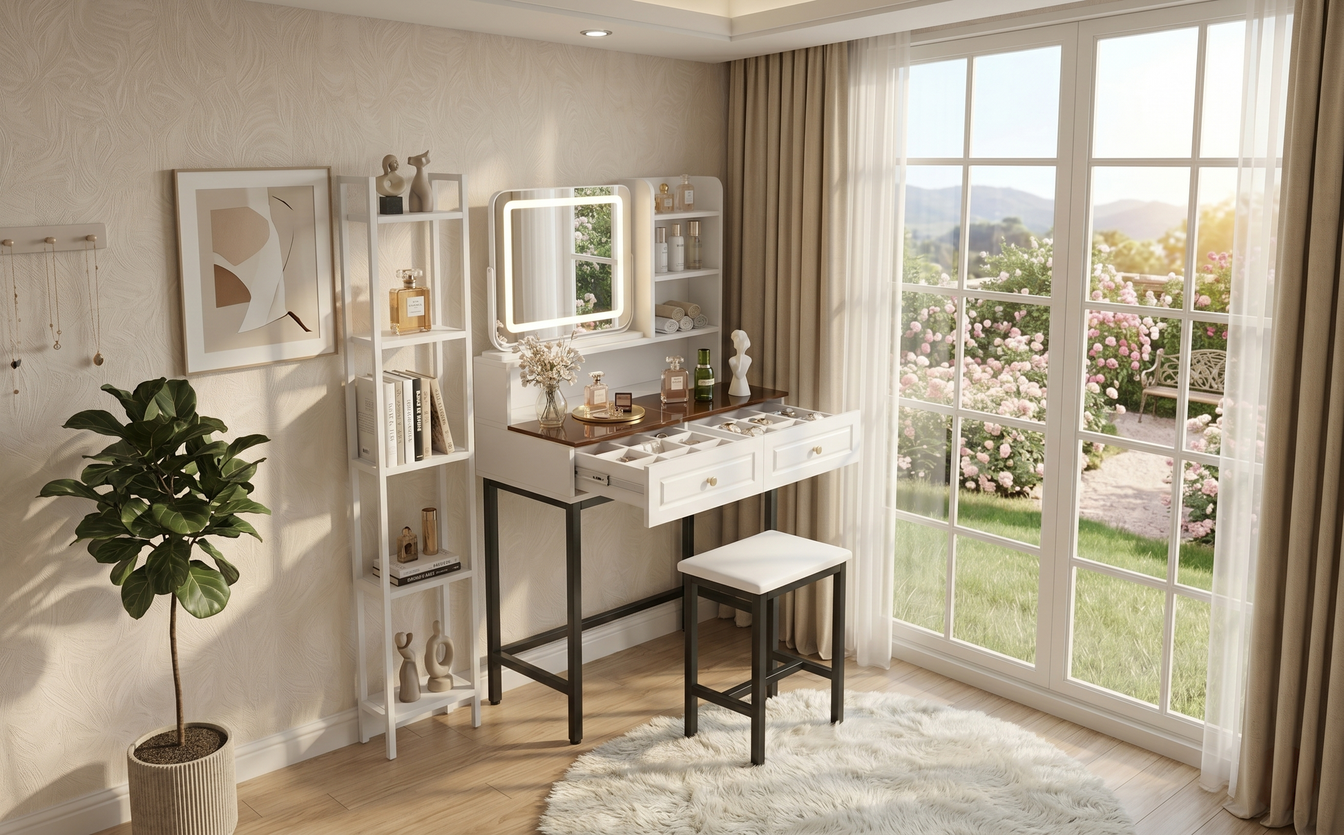 Makeup Vanity with LED Lighted Mirror, 360° Rotatable Mirror, Vanity Desk with 2 Drawers,Power Outlet and 3-Tier Shelves, Amber Glass Table Top, Dressing Table with Sturdy Metal Leg and Stool, White image 9