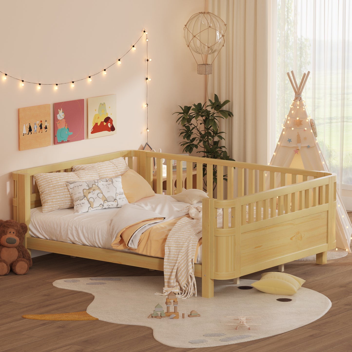 Queen Size Wood Platform Bed, Wood Low Profile Queen Bed with Rails for Girls and Boys,Natural(Expect Arrival Date 2026/3/30) image 1