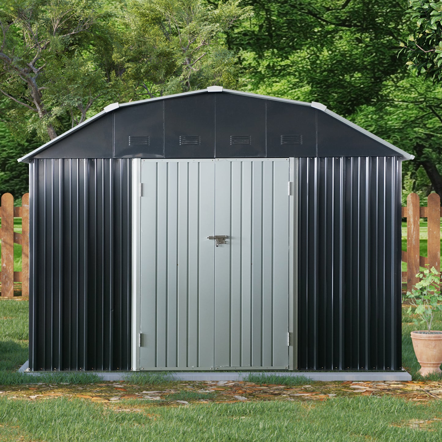 10 ft x 12 ft Outdoor Metal Storage Shed with Arch Roof with Lockable Doors for Backyard Garden Patio Lawn, Black image 2