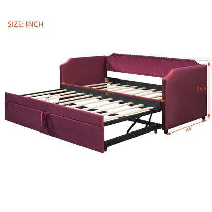 Twin Size Velvet Upholstered Daybed with Pop Up Trundle, Wine Red image 10