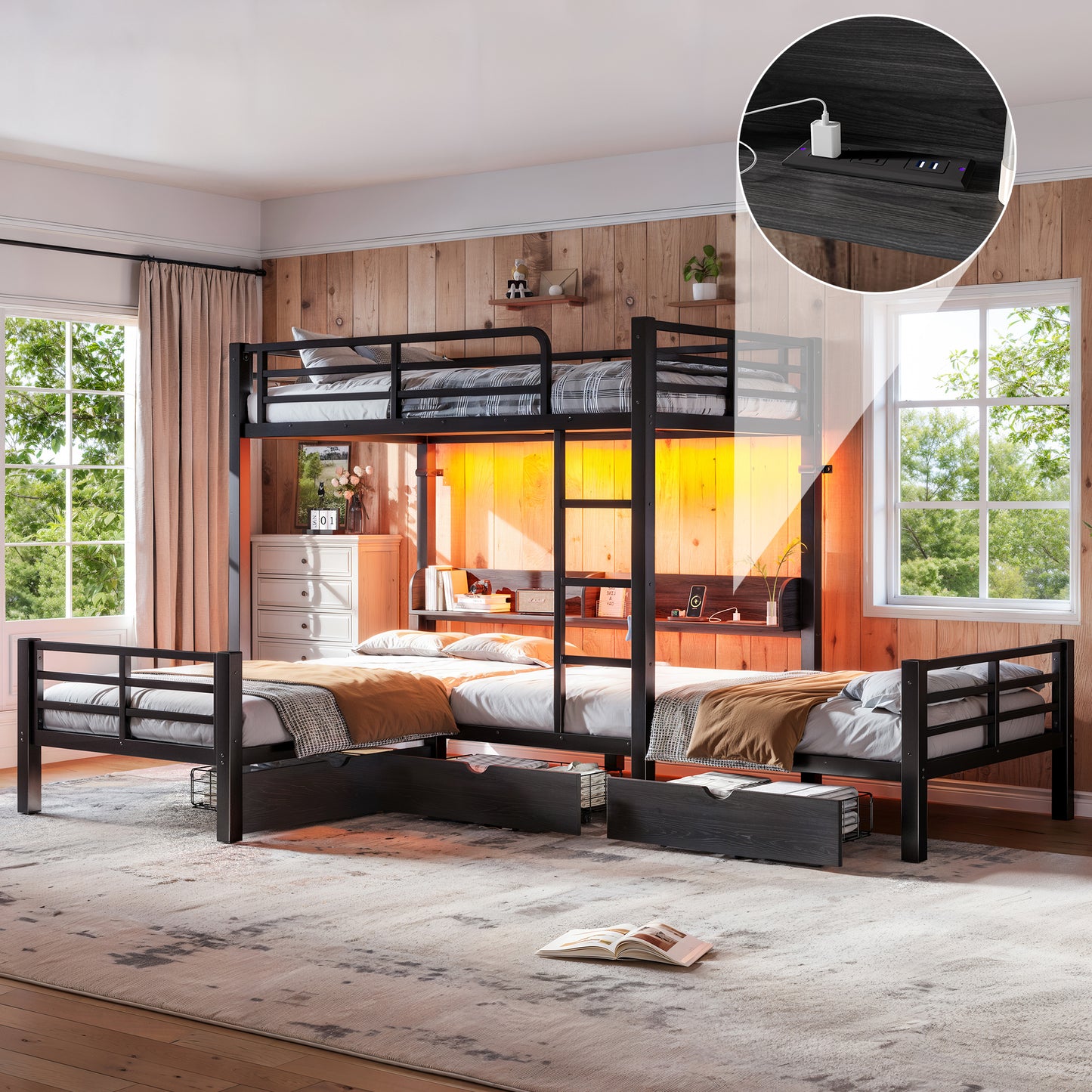 Triple Loft Bed with Storage Shelves and Drawers, Twin over Twin & Twin Loft Bed with Led Lights And Usb Ports, Space-Saving L－Shaped Loft Bed For 3, Black image 1