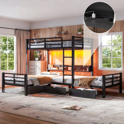 Triple Loft Bed with Storage Shelves and Drawers, Twin over Twin & Twin Loft Bed with Led Lights And Usb Ports, Space-Saving L－Shaped Loft Bed For 3, Black image 1