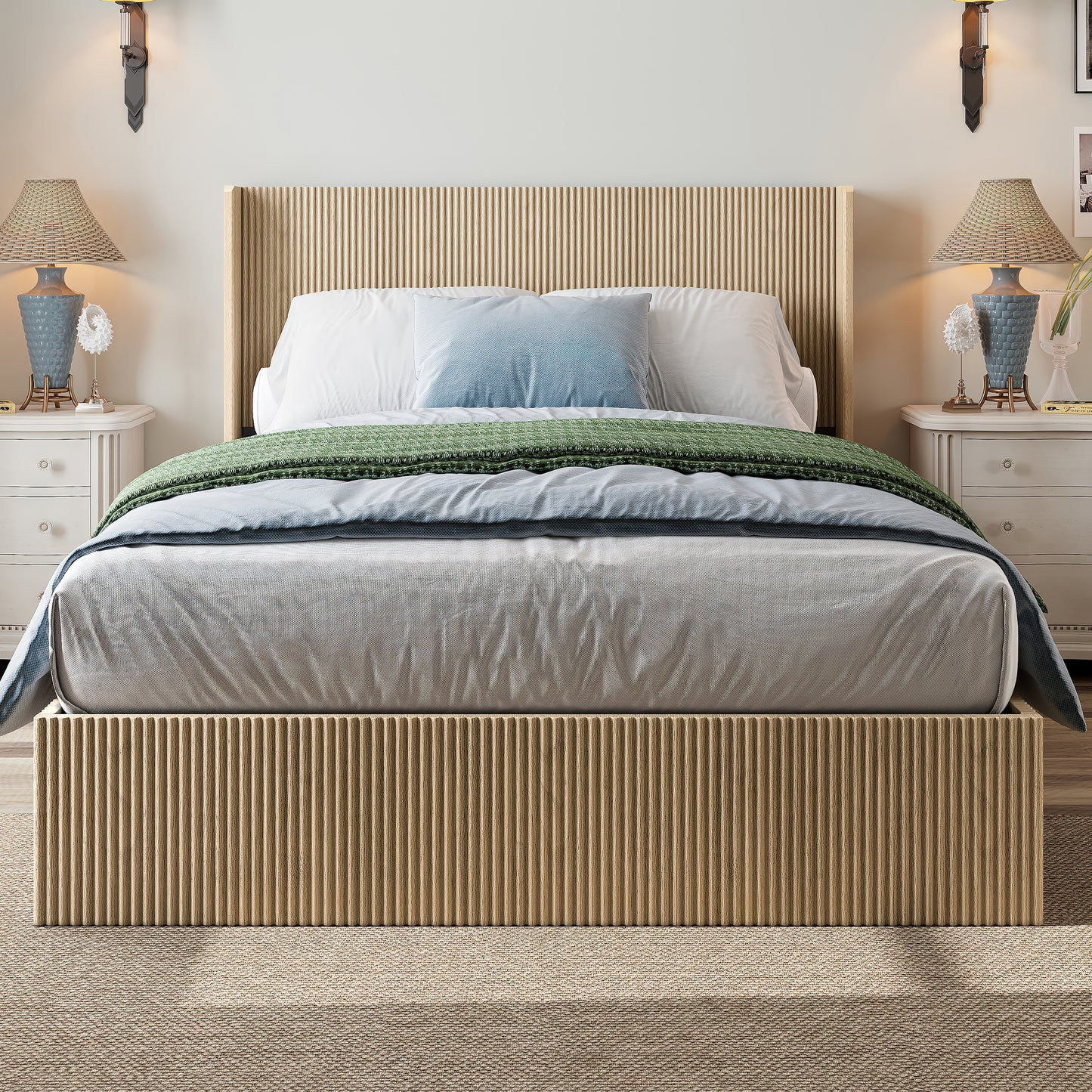 A large raised and undulating storage bed frame with grooves. The wooden platform bed frame has a storage function that can be lifted, without requiring a spring box / no noise. Oak color (Queen) image 1