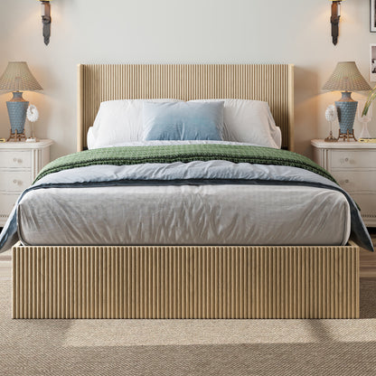 A large raised and undulating storage bed frame with grooves. The wooden platform bed frame has a storage function that can be lifted, without requiring a spring box / no noise. Oak color (Queen) image 1