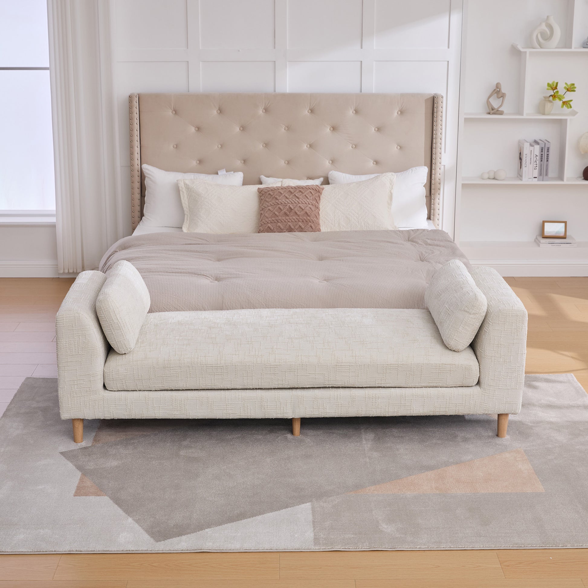 83.1"Wide Modern Upholstered End of Bed Bench with Armrests, Chenille Chaise Lounge Couch with 2 Bolster Pillows, Daybed with Rubberwood Legs For Living Room,Bedroom,Apartment,Guestroom, Beige image 2
