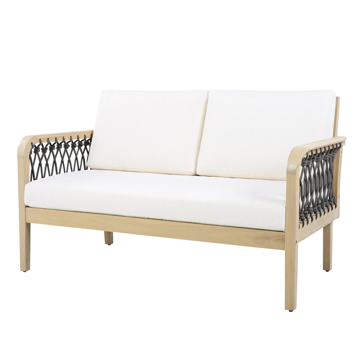 4-Piece Acacia Wood Outdoor Patio Furniture Set, All-Weather Conversation Sofa Set with Rope Woven Armrests, Removable Cushions for Backyard Garden,Light teak+Dark grey rope+Cream cushion image 9
