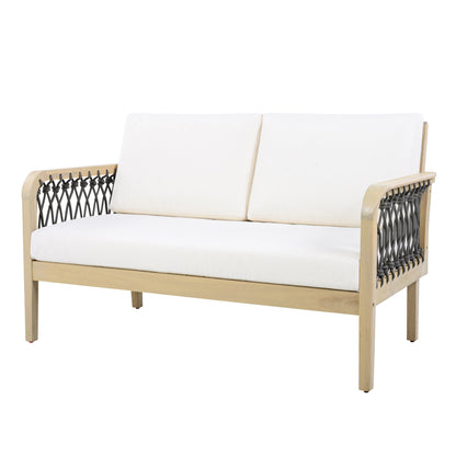 4-Piece Acacia Wood Outdoor Patio Furniture Set, All-Weather Conversation Sofa Set with Rope Woven Armrests, Removable Cushions for Backyard Garden,Light teak+Dark grey rope+Cream cushion image 9