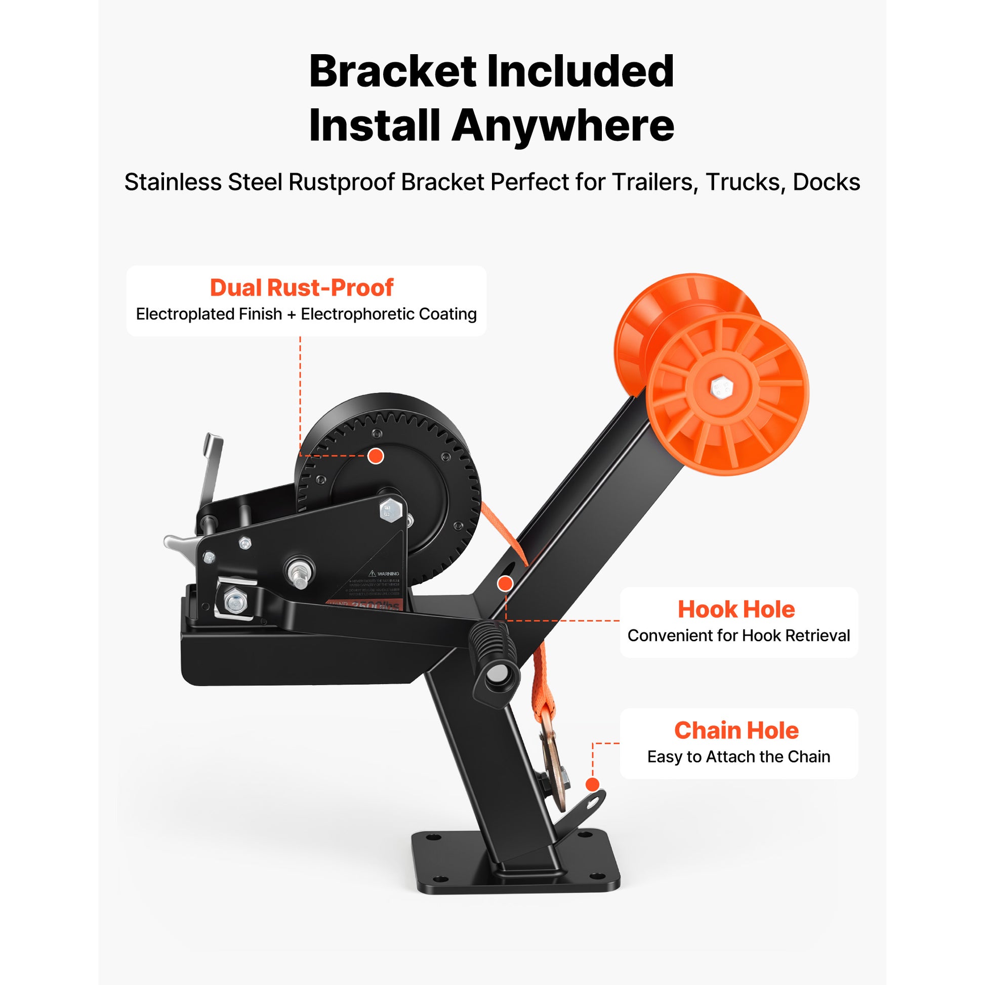 Boat Trailer Winch Stand with Roller, 3500 lbs, 20ft Orange Polyester Strap, Boat Winch Mount, for 2-3 Inches W x 3-4 Inches H Trailer Tongue, Fit for Jet Ski, Sailboat, Speedboat image 5