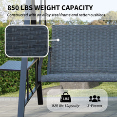 3-Seat Outdoor Porch Swing w/Adjustable Polycarbonate Hardtop and Side Table, Wicker Patio Swing Chair Bench with Steel Frame and Quick-Drying Foam Seat, Perfect for Backyard Garden and Lawn