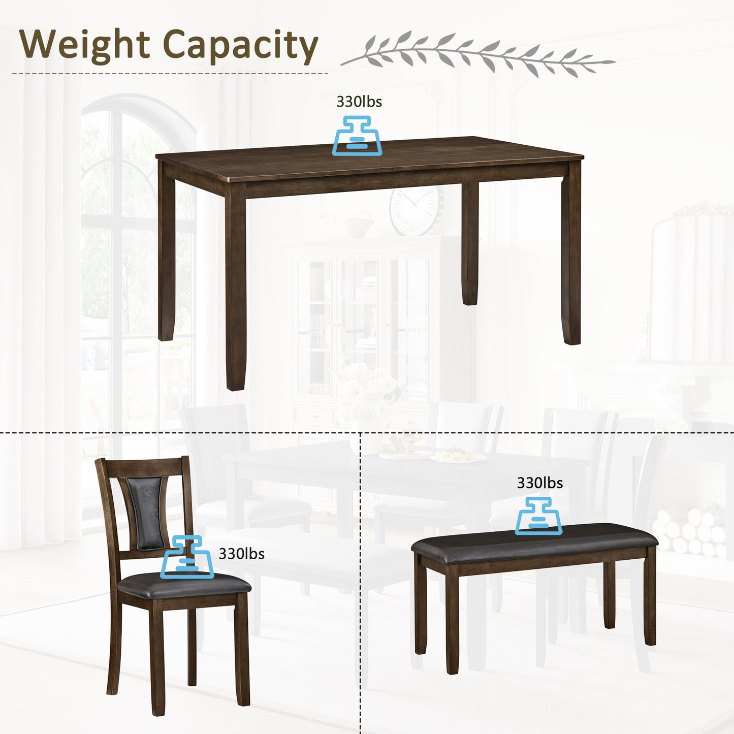 6-Piece Dining Table Set with Bench and Chairs, Wooden dining table set for 6 people, Farmhouse Rustic Style 6 Person Dining Table Set for Dining Room, Kitchen, Walnut image 7