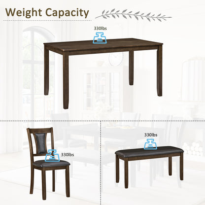 6-Piece Dining Table Set with Bench and Chairs, Wooden dining table set for 6 people, Farmhouse Rustic Style 6 Person Dining Table Set for Dining Room, Kitchen, Walnut image 7