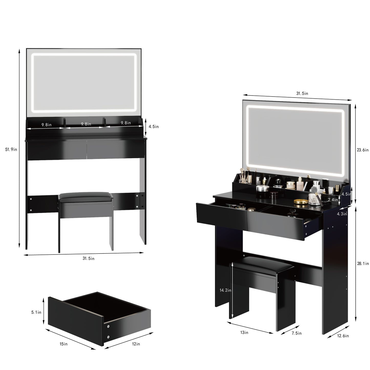 31" x 20" Extra Large LED Mirror Makeup Vanity Table + Soft Cushion Stool Suit, Touch Switch, 3 colors, Adjustable Brightness, Large Capacity Storage, Compact Dressing Table Suitable For Small Space image 9