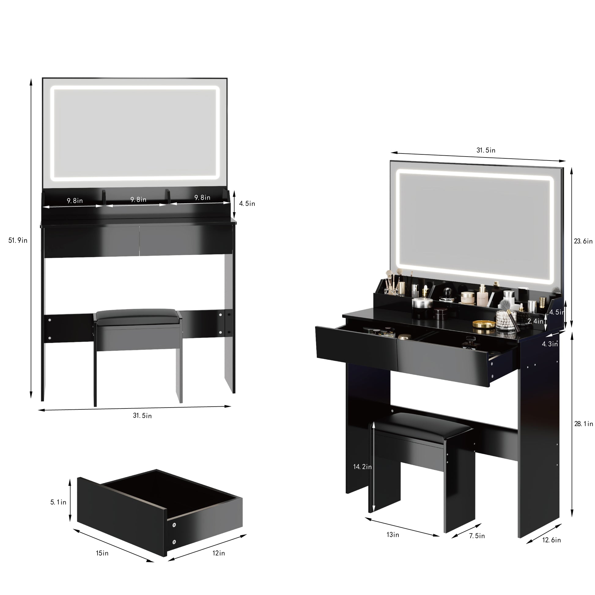 31" x 20" Extra Large LED Mirror Makeup Vanity Table + Soft Cushion Stool Suit, Touch Switch, 3 colors, Adjustable Brightness, Large Capacity Storage, Compact Dressing Table Suitable For Small Space image 9