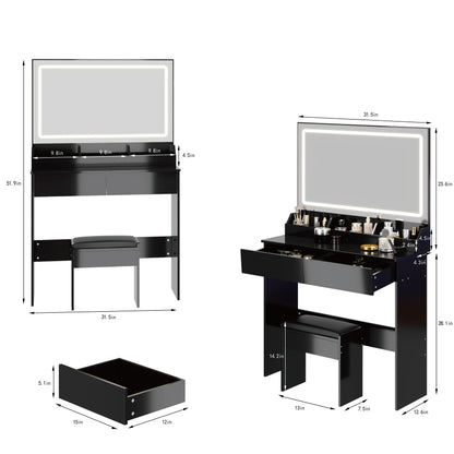 31" x 20" Extra Large LED Mirror Makeup Vanity Table + Soft Cushion Stool Suit, Touch Switch, 3 colors, Adjustable Brightness, Large Capacity Storage, Compact Dressing Table Suitable For Small Space image 9