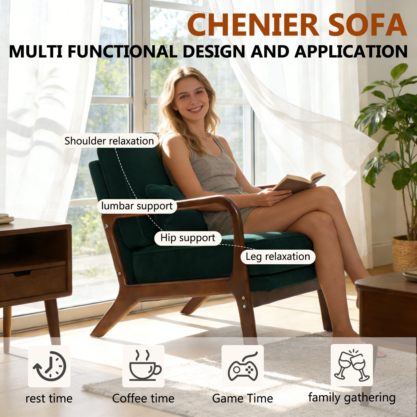 Mid-Century Modern Lounge Chair Single, Upholstered Living Room Chair with Curved Wood Armrests and Lumbar Cushion,Accent Chair for Living Room, Bedroom, Indoor, Dark Green image 6
