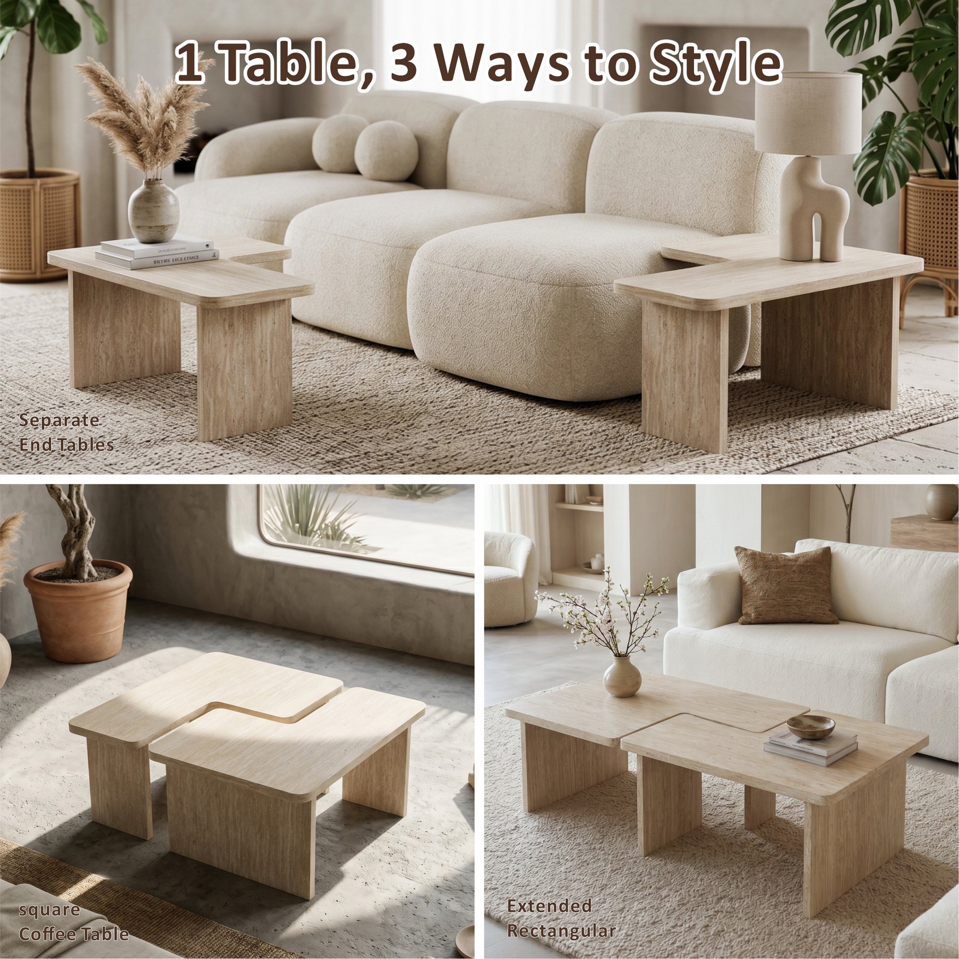 Modular Travertine Coffee Table Set of 2, Nesting L-Shaped Puzzle Center Table, Separable Side Corner Table for Apartment Small Spaces & Living Room,Cream Beige image 4