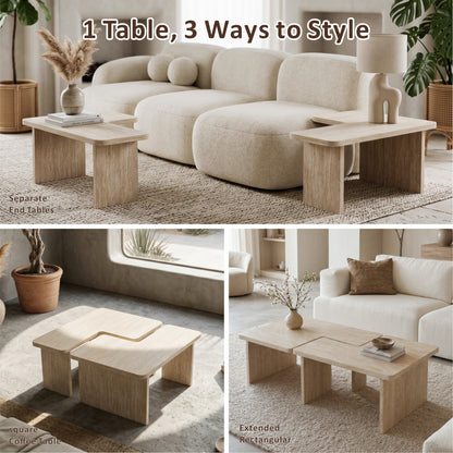 Modular Travertine Coffee Table Set of 2, Nesting L-Shaped Puzzle Center Table, Separable Side Corner Table for Apartment Small Spaces & Living Room,Cream Beige image 4