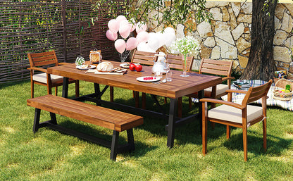 GO Outdoor Wood Dining Set For 7-8 Person, Outdoor Dining Furniture With Removable Cushions, Ergonomic Chairs And Bench, Thicker Table, Nature image 3