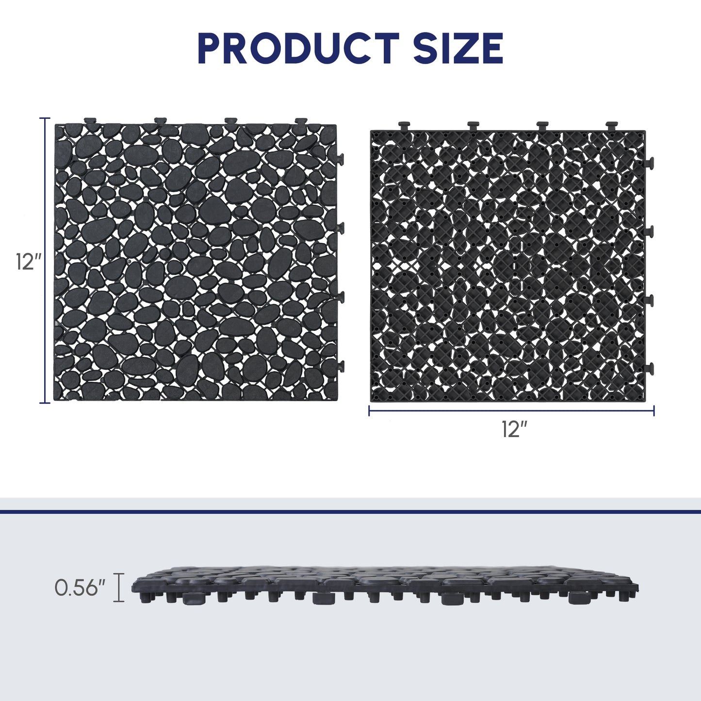 12 x 12 Inch Black Interlocking Deck Tiles Plastic Waterproof Outdoor All Weather Anti-slip Bathroom Shower Balcony Porch Strong Weight Capacity Upto 440 LBS, Pebble Stone Pattern Pack of 60 image 3