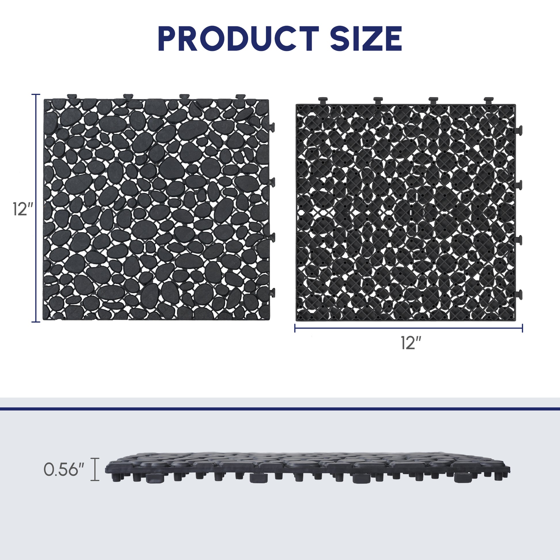 12 x 12 Inch Black Interlocking Deck Tiles Plastic Waterproof Outdoor All Weather Anti-slip Bathroom Shower Balcony Porch Strong Weight Capacity Upto 440 LBS, Pebble Stone Pattern Pack of 60 image 3