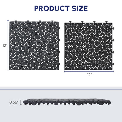 12 x 12 Inch Black Interlocking Deck Tiles Plastic Waterproof Outdoor All Weather Anti-slip Bathroom Shower Balcony Porch Strong Weight Capacity Upto 440 LBS, Pebble Stone Pattern Pack of 60 image 3