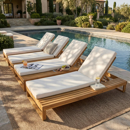 Teak Finish Acacia Wood Chaise Lounge with 4-Inch Cream 2-Fold Cushion Set, 4-Position Adjustable Outdoor Patio Lounger with Flat Side Surface, for Poolside - Matching dark grey version available image 9