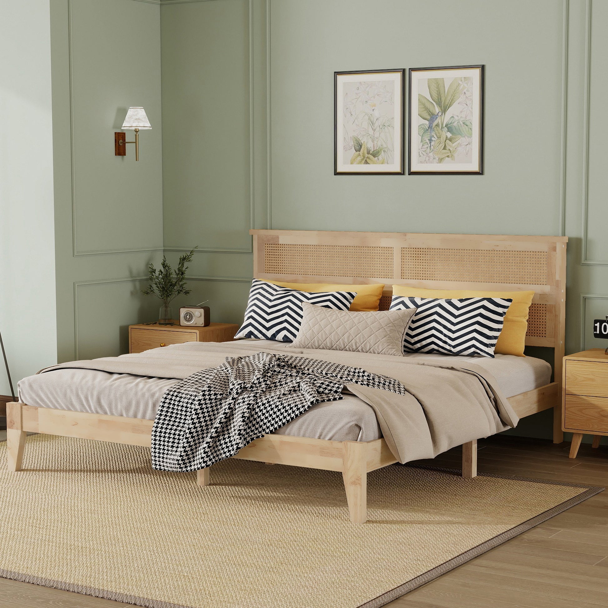 King Size Solid Wood Bed with Rattan Headboard, Rubber Wood Bed with Central Support Beams and Enhanced Feet,Natural image 8