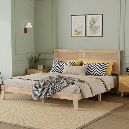 King Size Solid Wood Bed with Rattan Headboard, Rubber Wood Bed with Central Support Beams and Enhanced Feet,Natural image 8