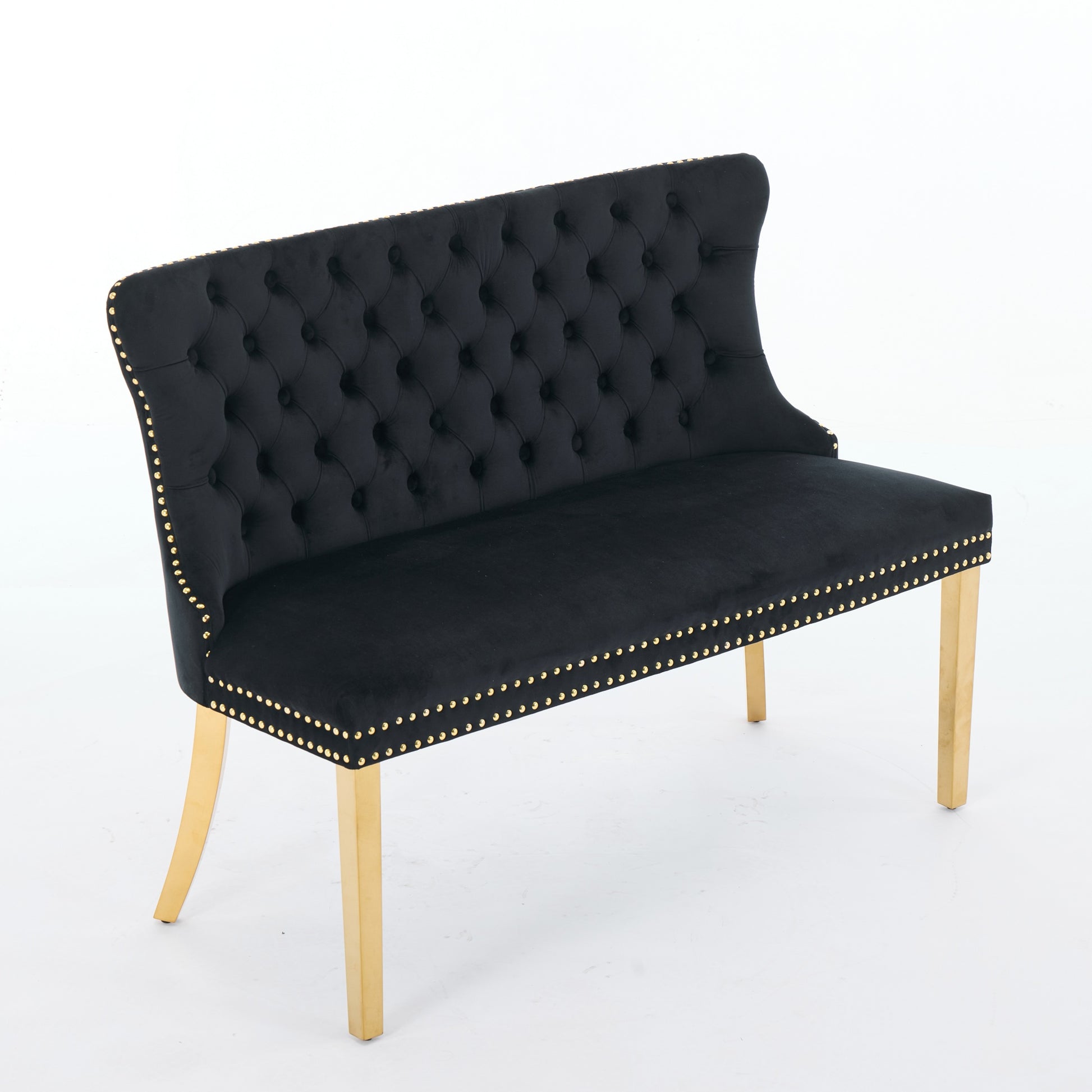 Velvet Double Dining Loveseat Bench, Kitchen & Dining Seating, 2-Seat Tufted Bench w/Handmade Buttons, Wing Back, Gold-Plated Steel Legs, Mid Century Modern,Single Pack,Black,SW1602BK image 4