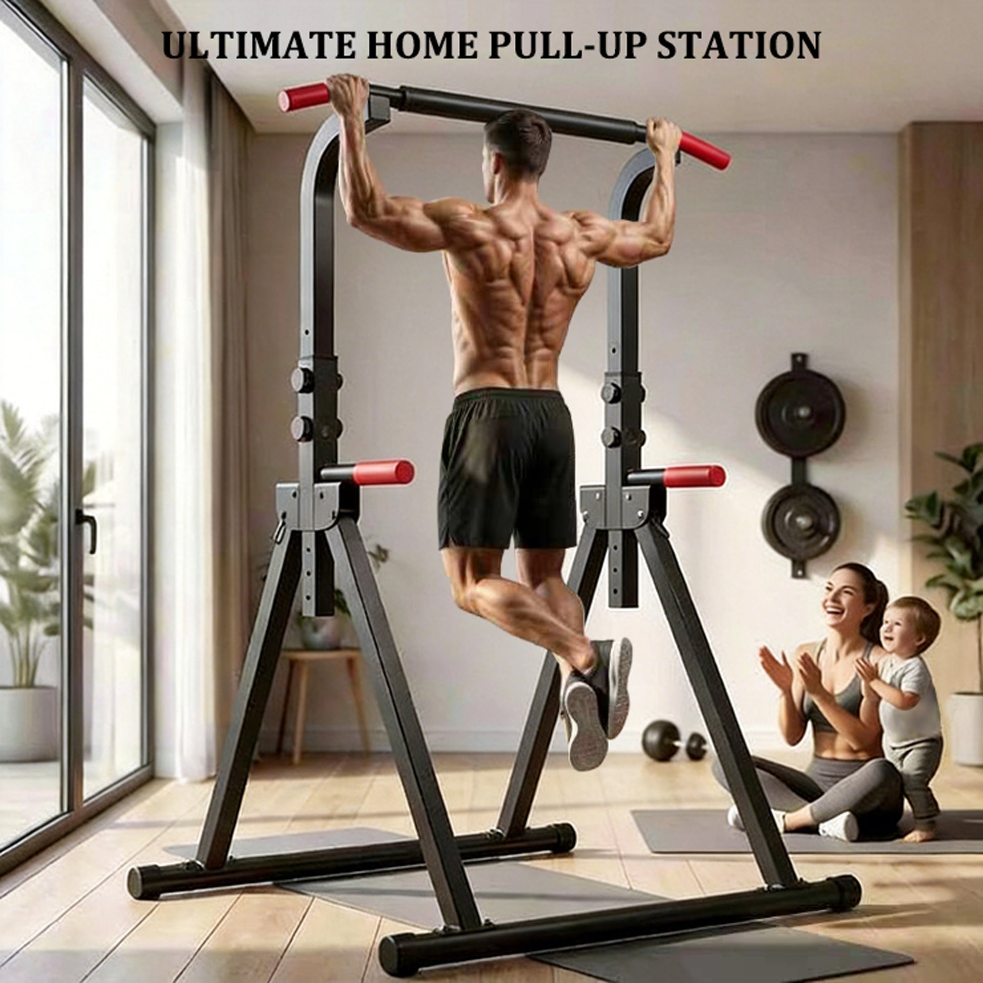 Foldable Pull Up Bar Standing Power Tower - Multi-Function Dip Station, 6-Level Adjustable Height Strength Training Fitness Equipment for Home Gym, 440lbs Max image 6