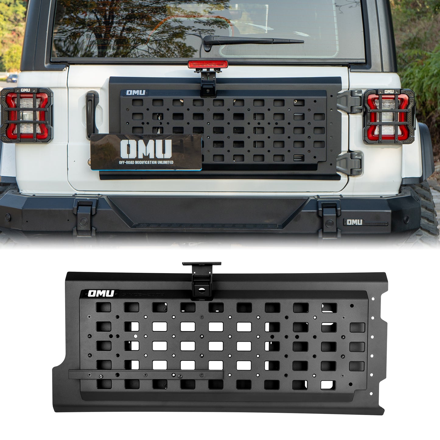 OMU Genesis Series Multi-Function Tailgate Expansion Panel For 2018+ Jeep Wrangler JL - Heavy-Duty Aluminum MOLLE Panel, Corrosion Resistant, No-Drill Installation, Off-Road Storage Organizer image 1