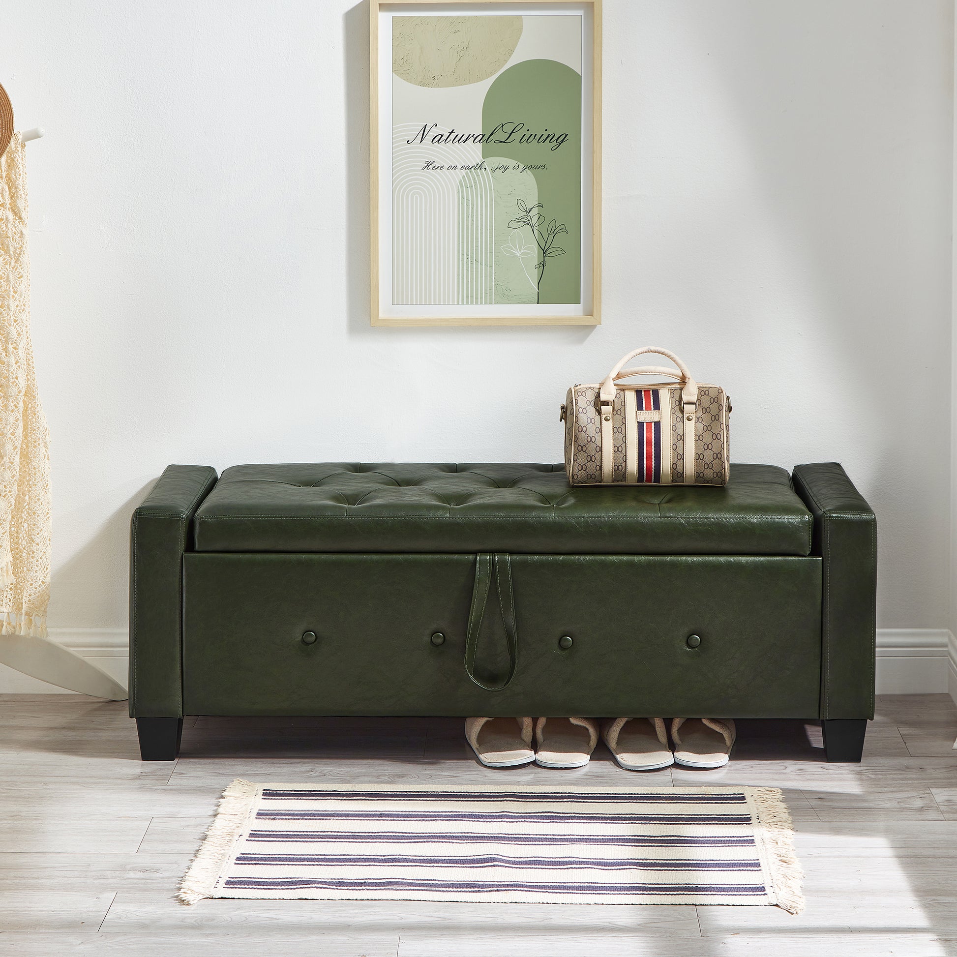 48" Ottoman Bench with Storage, Bench for Bedroom,Living Room,Hallway, Upholstered Tufted Faux Leather PU Ottoman Dark Green image 5