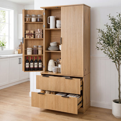 72" Modern Fluted Kitchen Pantry Cabinet with 2 Large Drawers & 8-Door Spice Rack, Freestanding Storage Organizer for Bathroom, Dining Room, Office, Entryway, Oak image 4