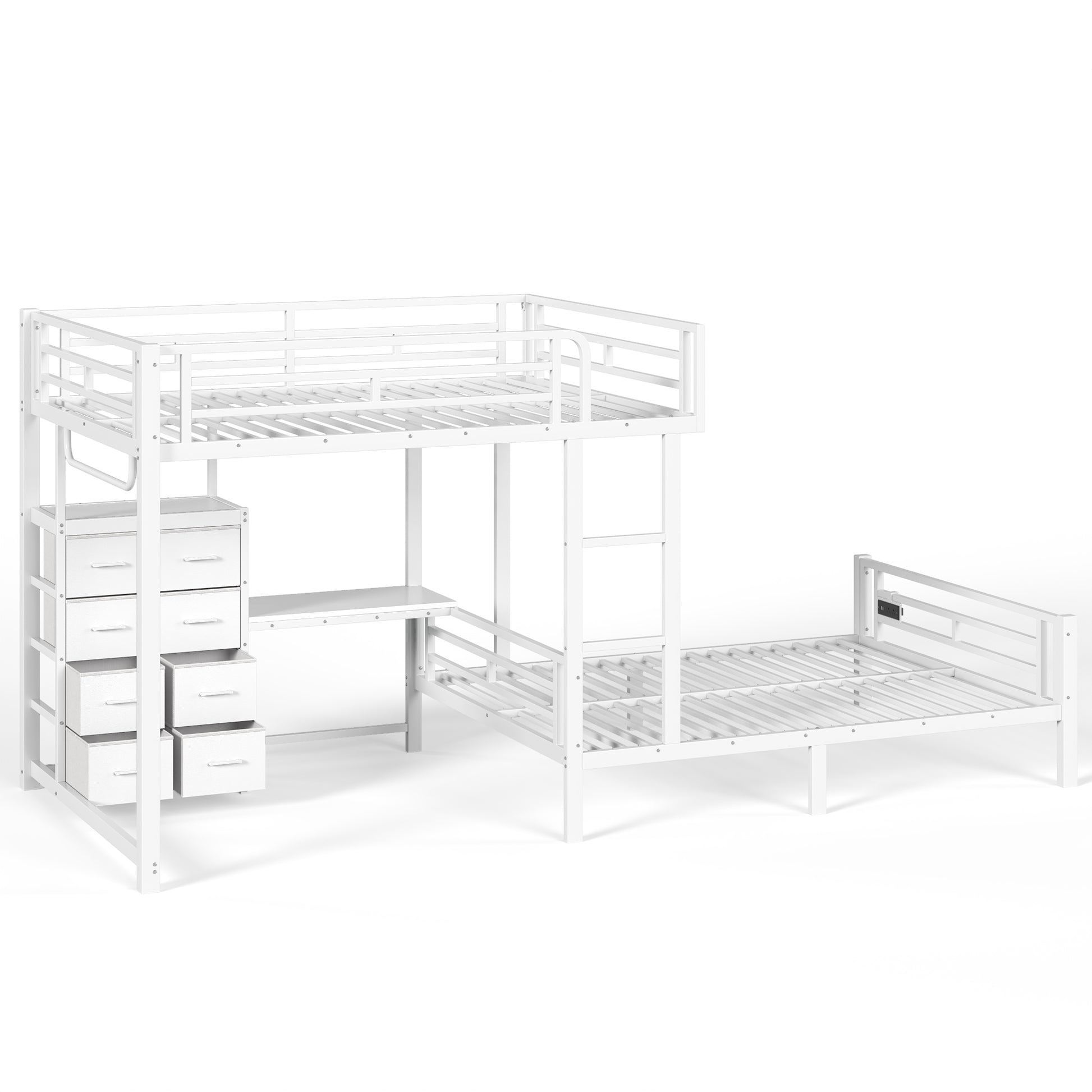 Full over Full Size with 8 Storage Drawers,Built in Bunk bed with Shelves,Bunk bed with Study Desk,Garment Hanging Rod and detachable hanging USB, Sturdy Steel Bed frame for Kids,Teens,adults,white image 10
