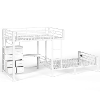 Full over Full Size with 8 Storage Drawers,Built in Bunk bed with Shelves,Bunk bed with Study Desk,Garment Hanging Rod and detachable hanging USB, Sturdy Steel Bed frame for Kids,Teens,adults,white image 10