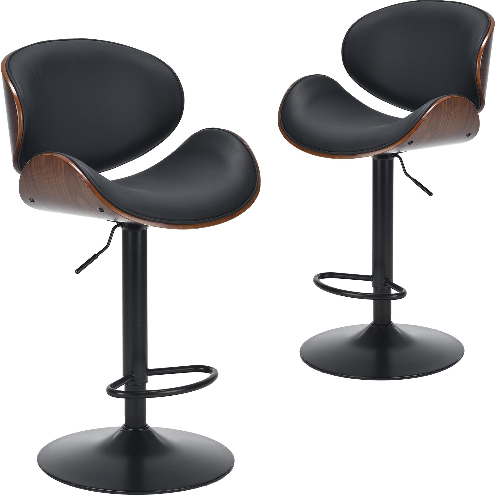 Swivel Bar Stools Set of 2 Adjustable Height Bentwood Barstools with PU Leather Upholstered Seat, Backrest and Footrest,Modern Kitchen Counter Chairs for Bar, Dining Room image 2